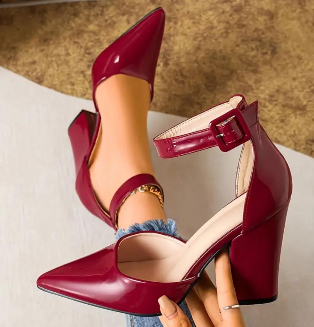 women solid Color Block Heels Fashion pointe Dress Pumps Stylish Buckle